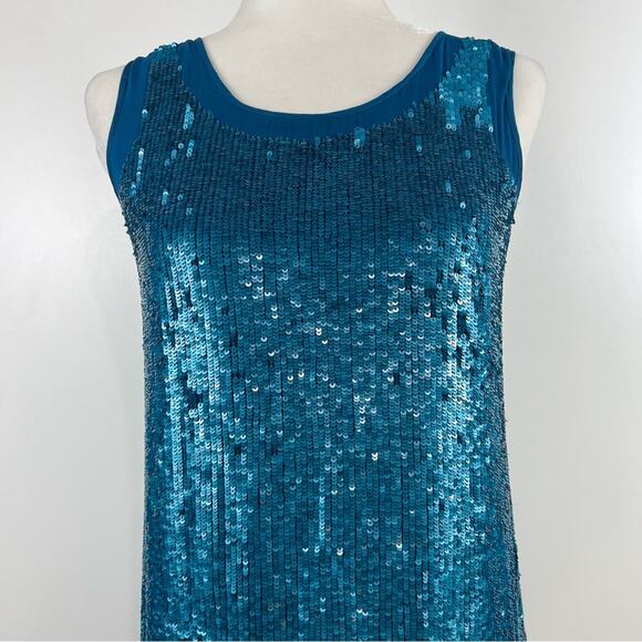Shoshanna Womens 2 Leandra Mini Dress 100% Silk Turquoise Blue Sequin Party Sexy - Picture 3 of 11